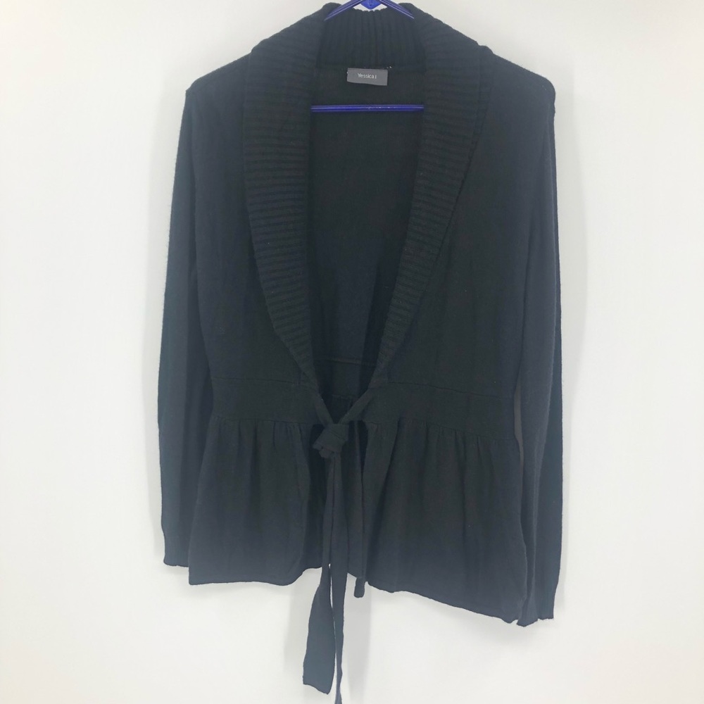 Yessica Cardigan Womens Medium Black Peplum Belted Tie Sweater